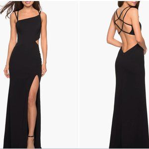 La Femme High Slit Strappy Back Gown - Black - Size 4